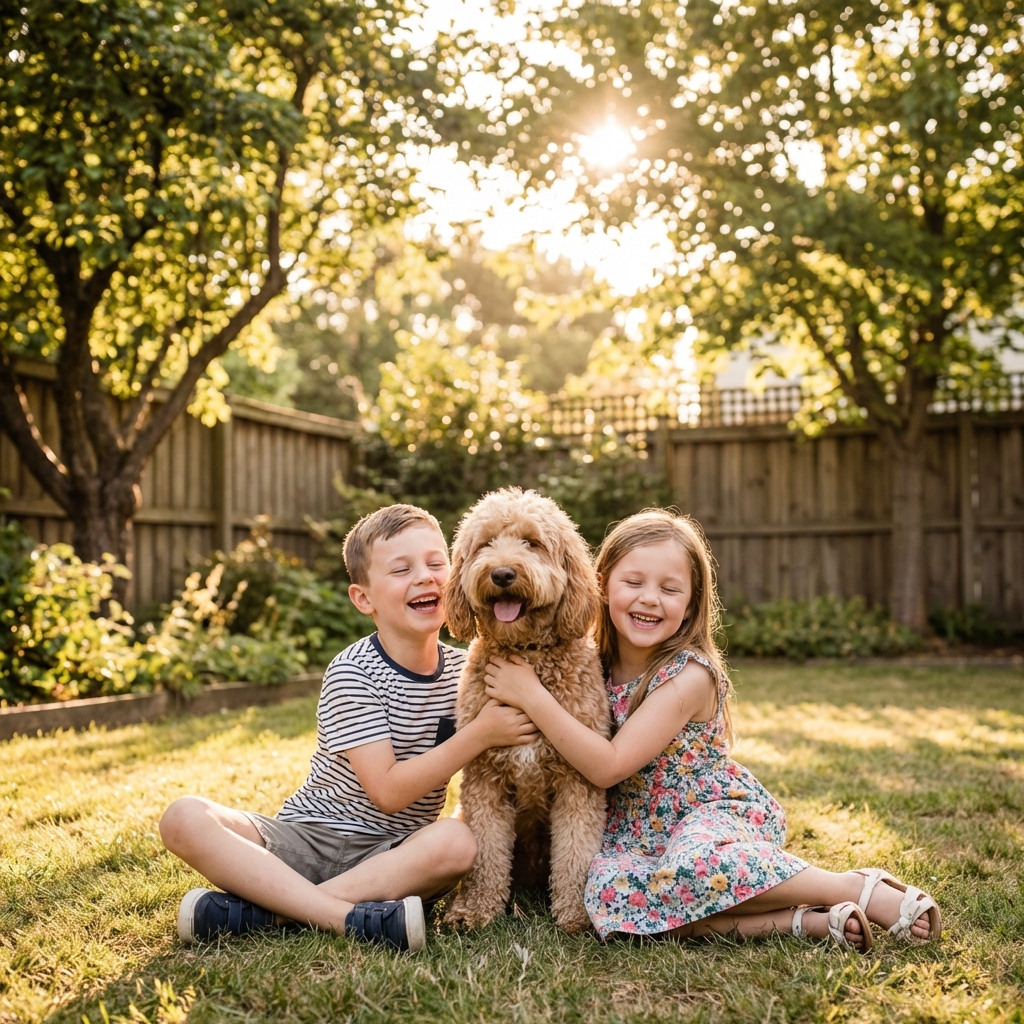 Children playing with dog